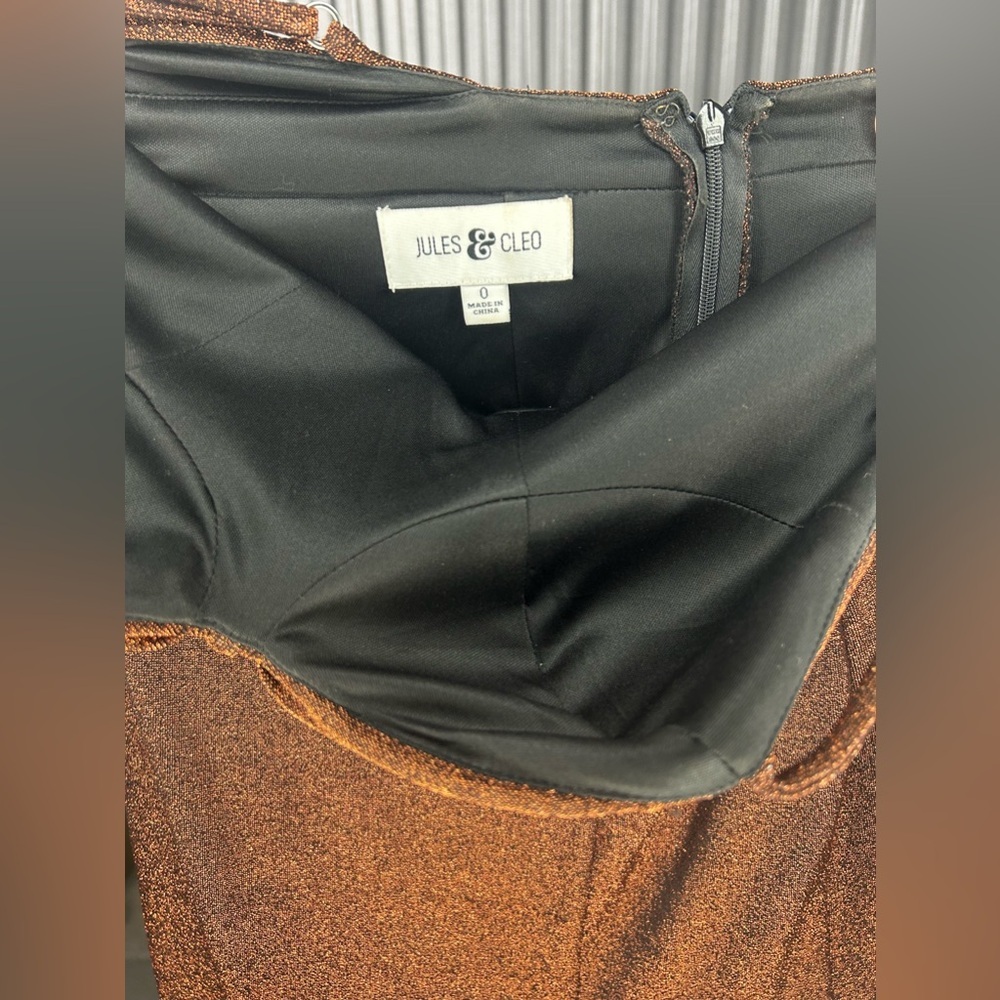 Women’s Jules & Cleo Design Nylon Metallic Spandex Orange Formal Maxi Slit Dress - Picture 3 of 9